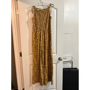 Pact Mustard Yellow Floral Smocked Wide Leg Jumpsuit Tie Shoulder Pockets Size L